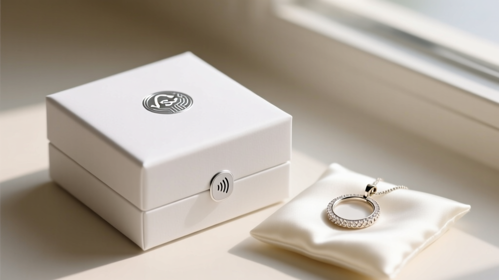 Sleek FSC-certified white paper jewelry box featuring an embedded NFC chip logo, next to a delicate 10k white gold pendant.
