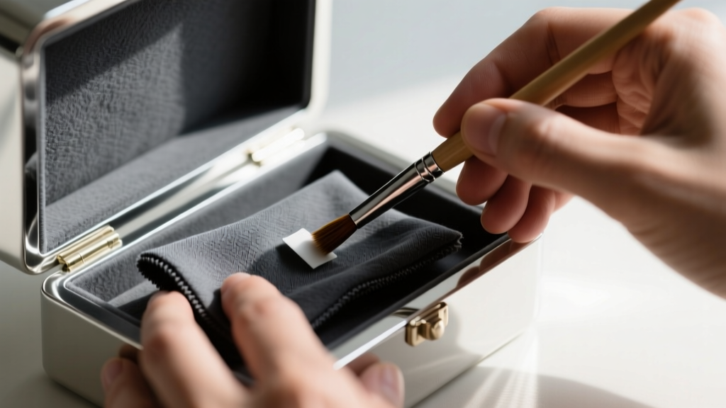 Hands applying dark grey anti-tarnish cloth to a silver jewelry casket interior using a small brush and archival glue.