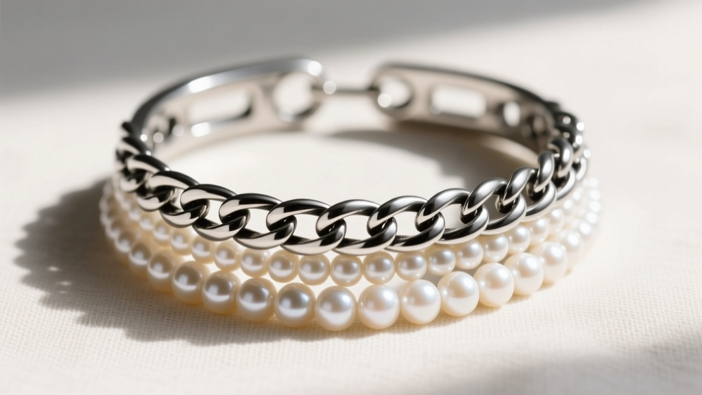 Layered stack showing a chunky sterling silver safety pin choker paired with a delicate pearl strand on a neutral linen backdrop.