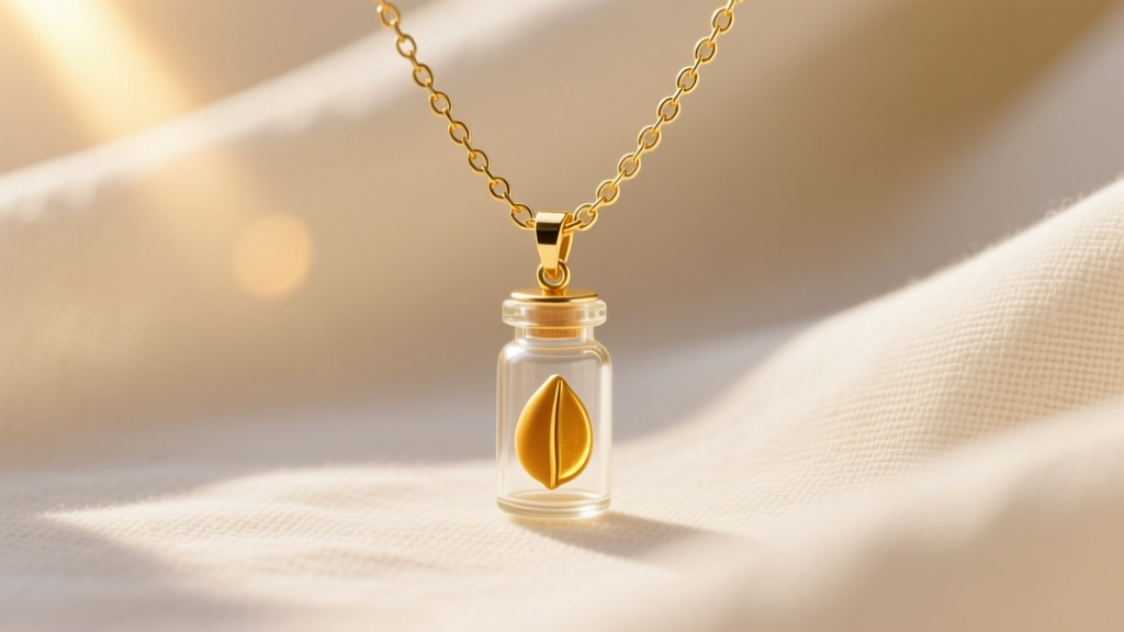 Delicate 14k gold mustard seed necklace on cream linen, warm sunlight highlighting the tiny seed inside a small glass vial pendant.