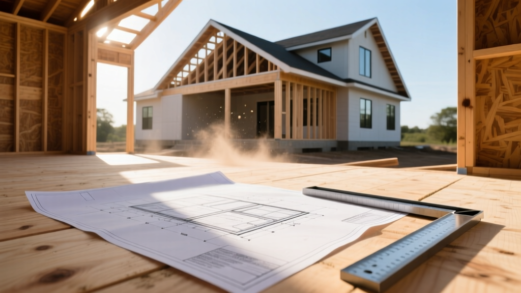 Blueprints on a plywood subfloor next to a framing square, with a partially framed 2000 square foot house in the background
