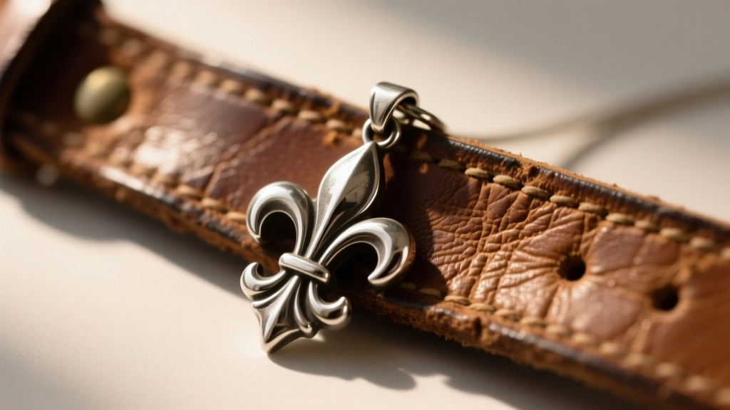 Oxidized silver pendant with a fleur-de-lis motif on worn leather, lit by warm, soft directional studio light from the upper left.