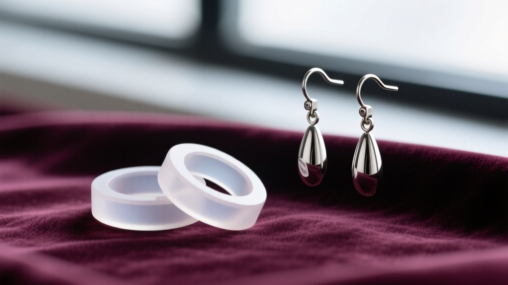 Macro shot of clear silicone earring support discs on velvet next to a pair of 16-gauge titanium leverback dangle drop earrings.