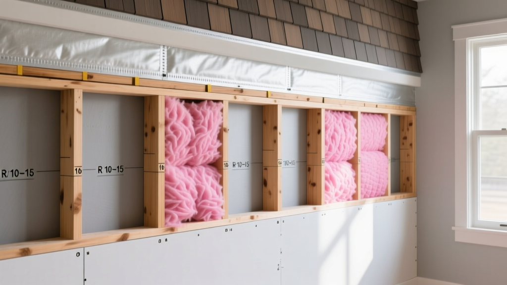 Cross-section of a modern 2x6 wood-framed wall showing pink fiberglass batts between studs and a layer of rigid continuous exterior foam insulation