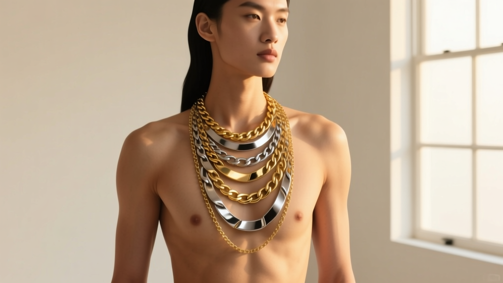 Model wearing a layered titanium and gold PVD chest chain, highlighting the drape across the sternum in soft warm light.