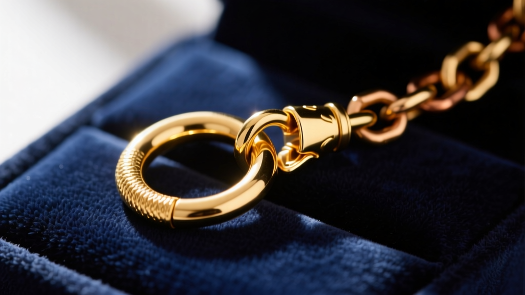 Macro shot of a 4mm 20-gauge gold-filled jump ring connecting a lobster clasp to a brass extender chain on a velvet pad.