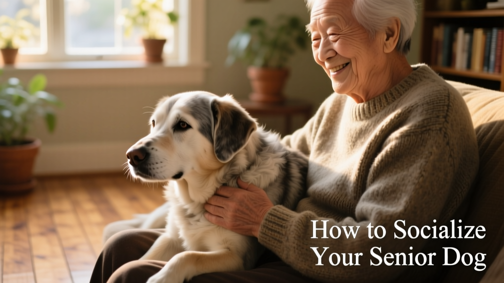 Happy senior dog resting with head on owner's lap, both smiling softly in natural light