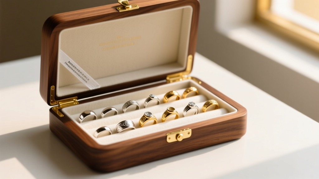 Open walnut jewelry box with acid-free cotton dividers, anti-tarnish strips, and sorted rings under warm light