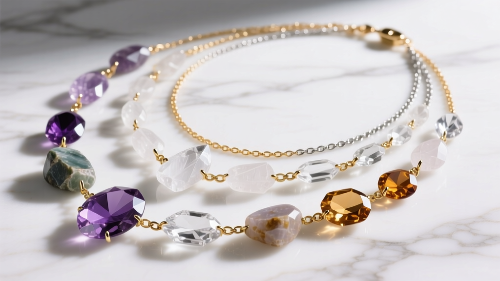 Flat lay of layered rock crystal necklaces with raw and faceted stones on delicate gold and silver chains resting on white marble.