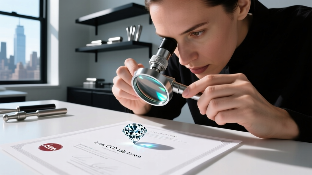 Jeweler using a digital loupe to verify the laser inscription on a 2-carat CVD lab-grown diamond certification document in Queens.