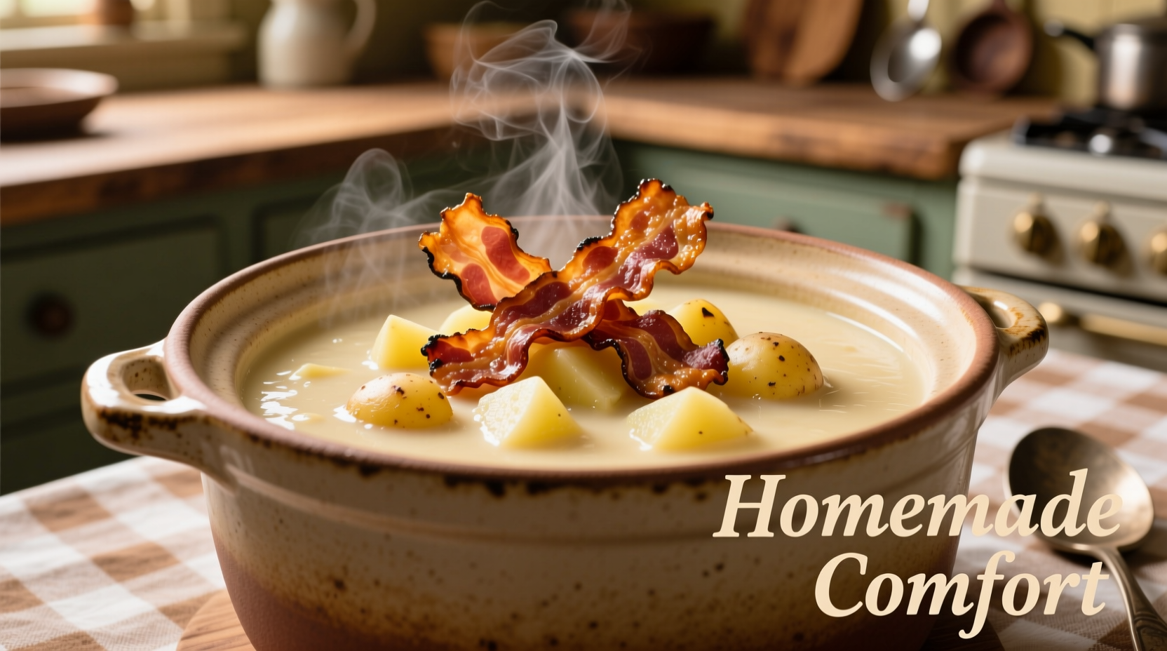 Creamy crock pot potato soup with bacon garnish