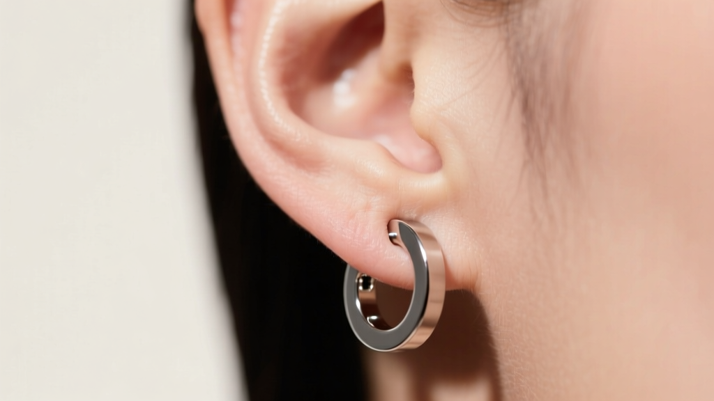 Macro shot of titanium magnetic earring clamping an earlobe, showing the seamless join against soft, diffused studio lighting
