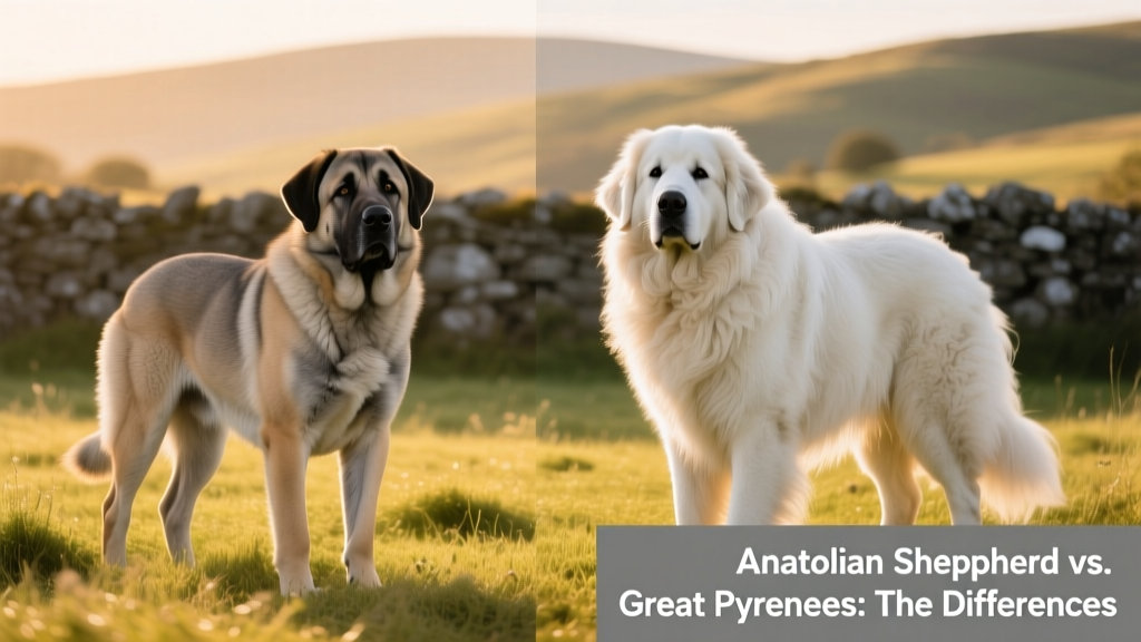 Side-by-side comparison showing an Anatolian Shepherd on the left and a Great Pyrenees on the right, highlighting their size and coat differences