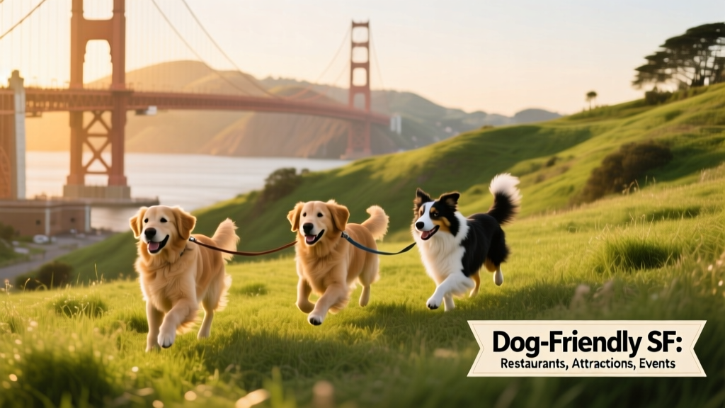 Golden Gate Bridge viewed from a grassy hillside with dogs running freely in the foreground