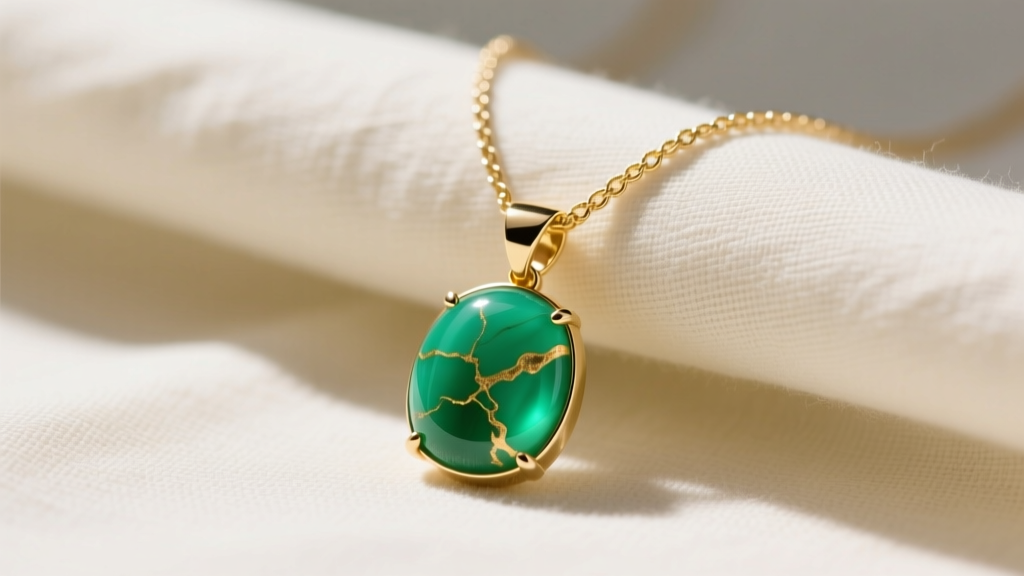 Close-up of a Sadie Green necklace with a chrysoprase pendant on an 18k gold vermeil cable chain resting on cream linen fabric