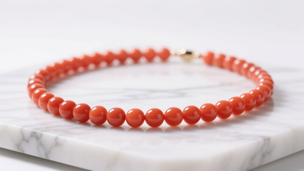 Close-up of a vibrant coral colored necklace of polished precious coral beads resting on white marble under soft studio lighting.