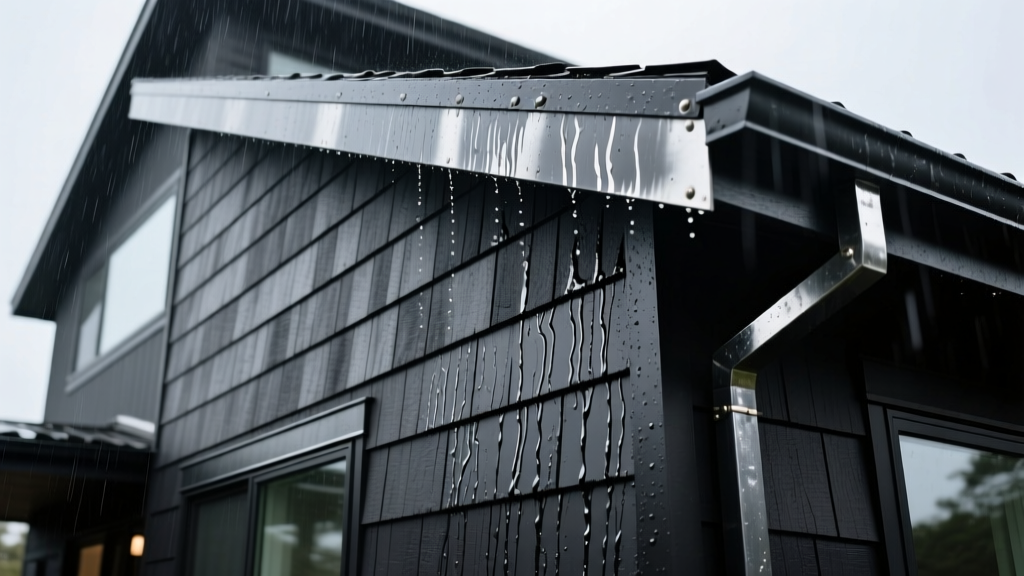 Close-up of dark charcoal fiber cement siding panels with visible rain streaks and heavy-duty metal flashing on a modern coastal home exterior