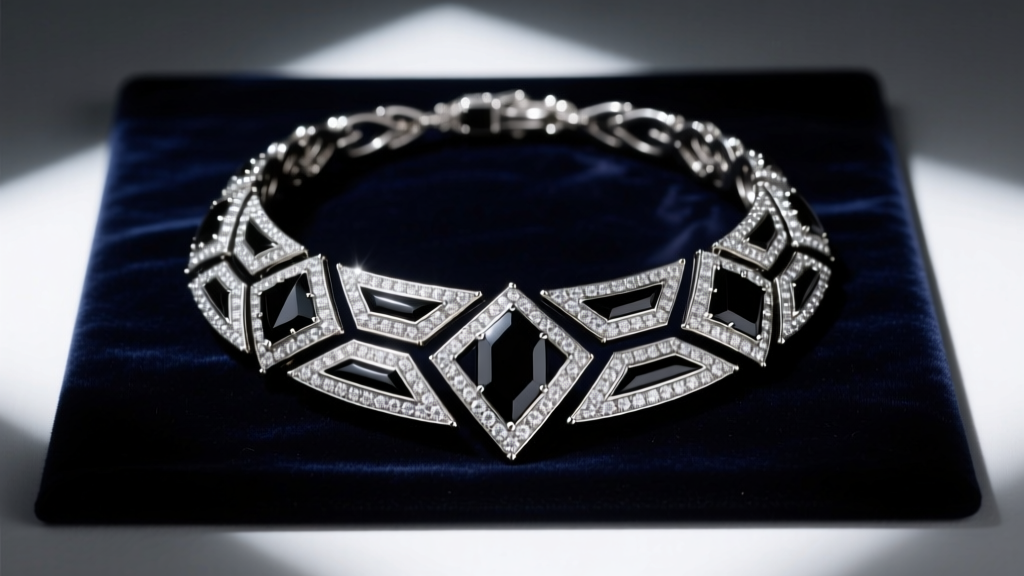 Platinum art deco collar necklace with geometric onyx and diamond motifs on dark velvet under dramatic gallery lighting.
