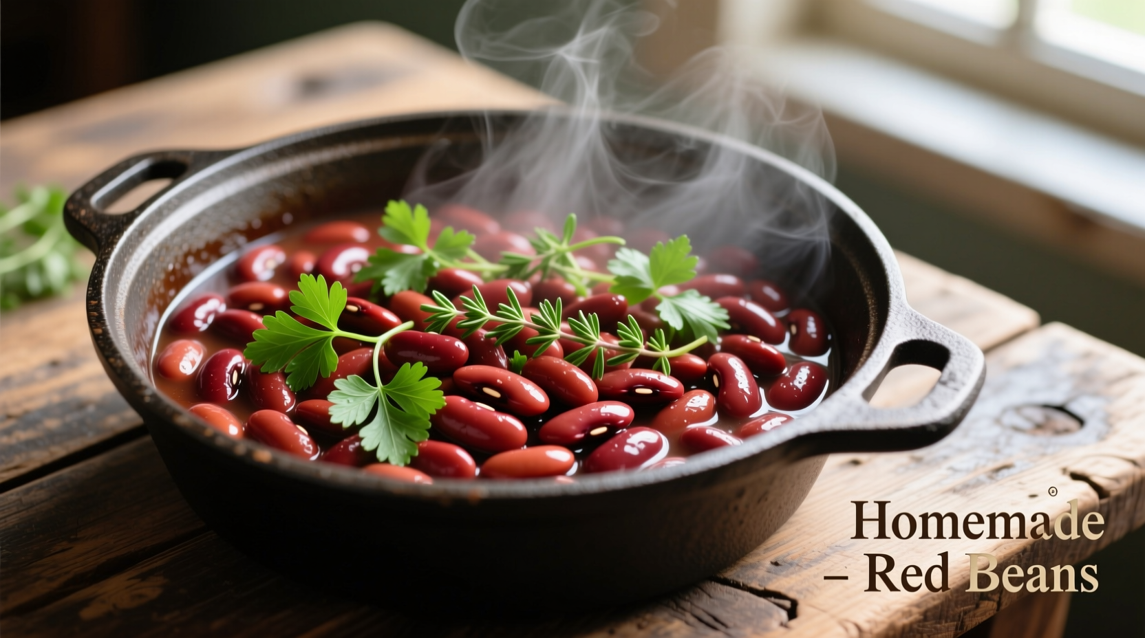 Perfectly cooked red beans in a pot with fresh herbs