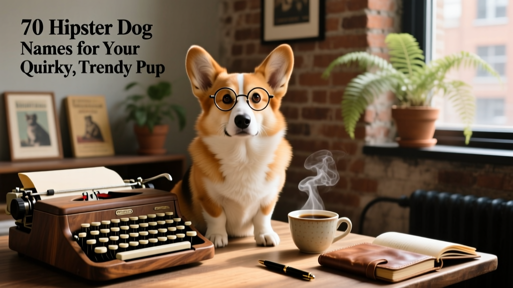 A dapper corgi wearing tiny round spectacles, posed beside a vintage typewriter and a cup of pour-over coffee