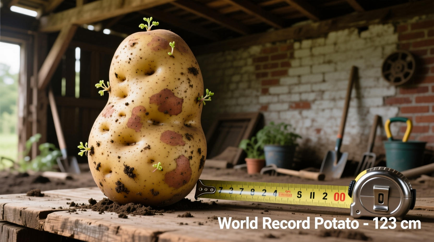 World record potato next to measuring tape for scale