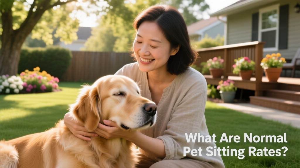 A calm dog resting its head in the hands of a gentle pet sitter in a sunlit backyard