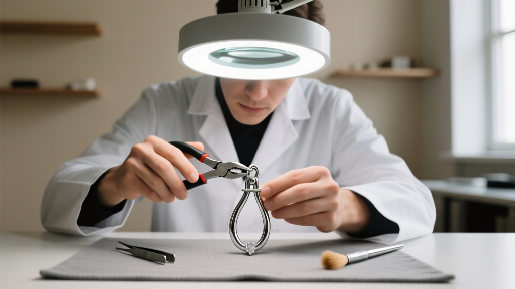 Jeweler using nylon-jaw pliers to adjust the tension wire of a silver leverback clasp under a bright magnifying lamp light.