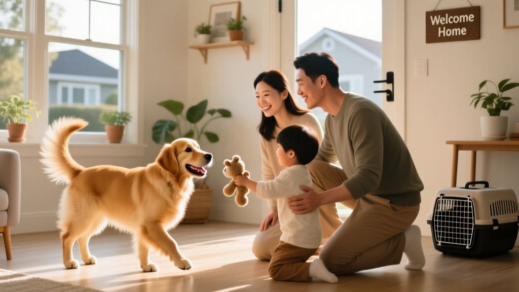 A happy dog meeting their new family during a supervised introduction
