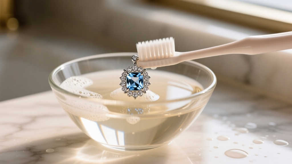 Soft-bristled toothbrush gently cleaning a diamond martini stud earring in a small glass bowl of warm soapy water