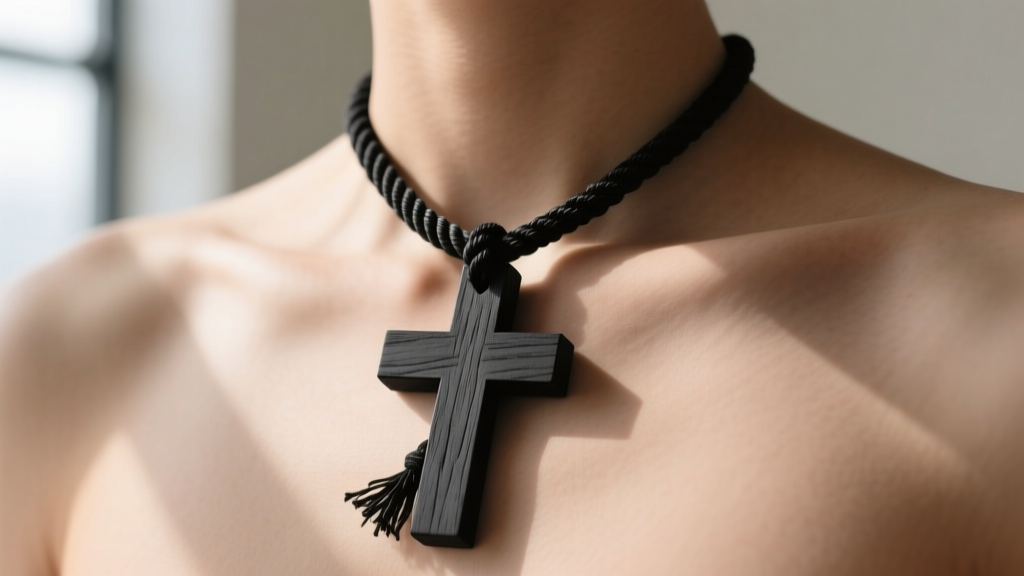 A 24-inch black waxed cotton cord holding a minimalist black wooden cross resting on a bare collarbone in soft daylight.