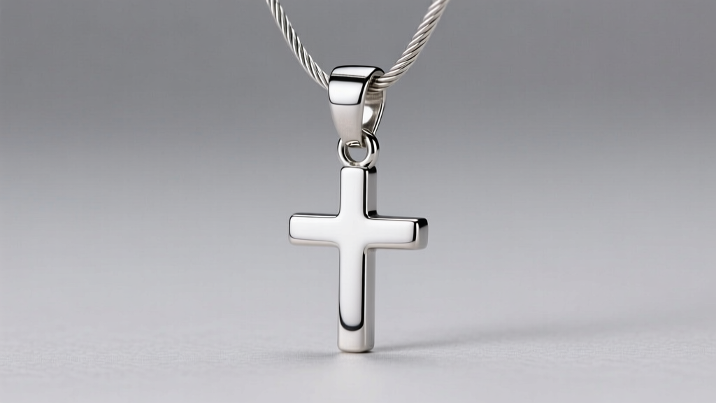 Macro shot of a steel tube bail connecting a polished Latin cross pendant to a 1.2mm cable chain on a gray background.