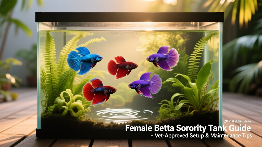 A well-planted 20-gallon aquarium with five healthy female bettas swimming peacefully among lush greenery and gentle water flow