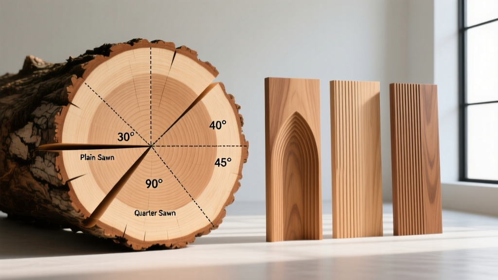 Cross-section diagram of a log showing plain sawn, quarter sawn, and rift sawn cutting angles alongside finished oak boards