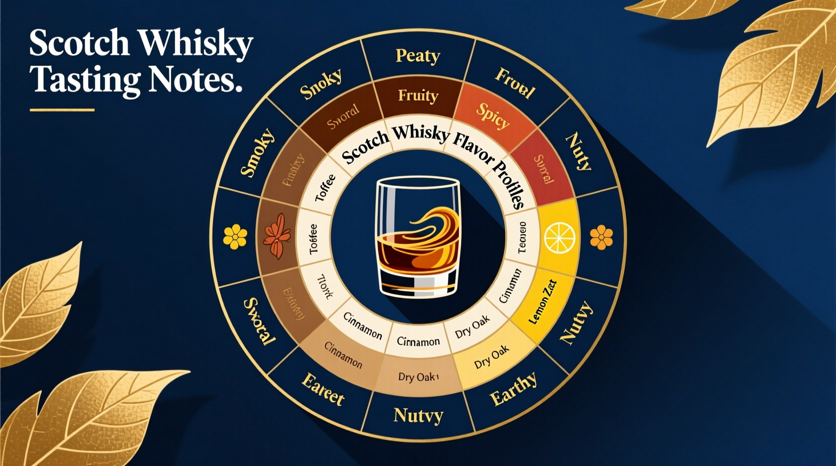 Scotch whisky tasting notes wheel showing flavor categories