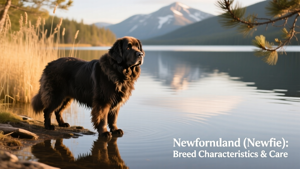A mature Newfoundland standing calmly beside a lakeshore, showcasing its thick coat and gentle expression