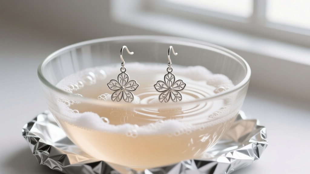 Floral silver earrings submerged in a glass bowl of warm water and baking soda, with aluminum foil lining the bottom of the dish.