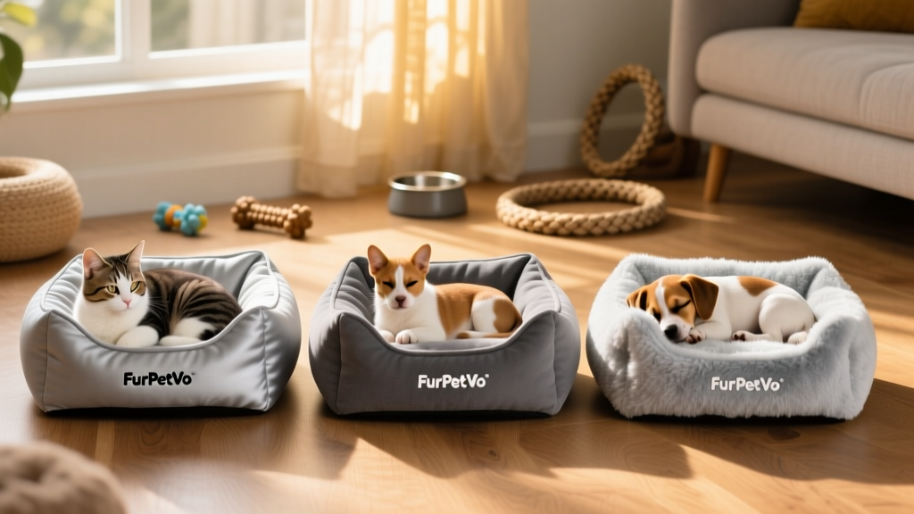 Three different FurPetVo-branded anxiety beds displayed side-by-side: one silver-gray, one smoky gray, and one frost-colored, all in small size