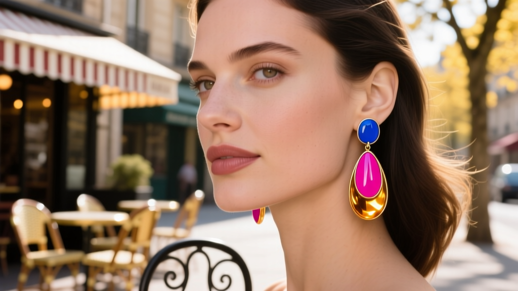 Close-up of a woman wearing bold, colorful enamel drop earrings with a Parisian street cafe blurred in the sunlit background