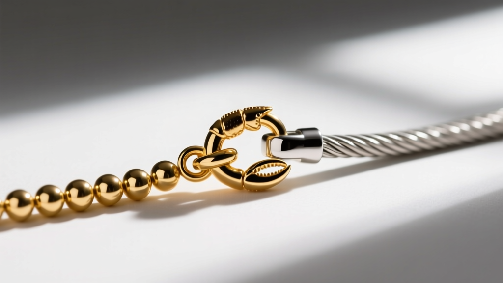 Macro shot of a 1.5mm gold bead chain and 1.2mm cable chain, highlighting the lobster clasp and sterling silver base metal.