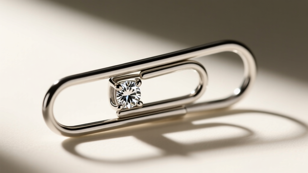 Side profile of a hidden diamond bail sliding smoothly through an elongated 15mm paperclip link, highlighting the clearance fit