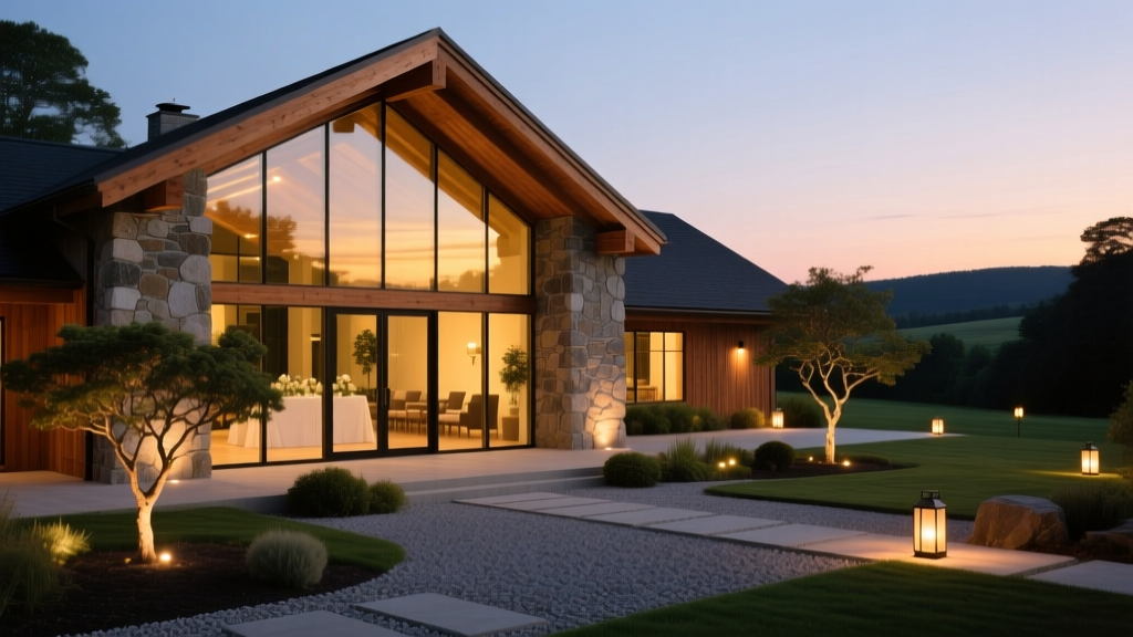 Modern timber-frame wedding venue with expansive glass windows, stone facade, and landscaped courtyard illuminated at twilight