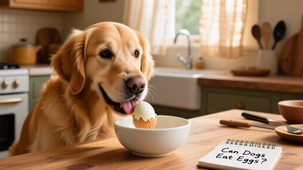 A golden retriever happily eating a hard-boiled egg from a bowl