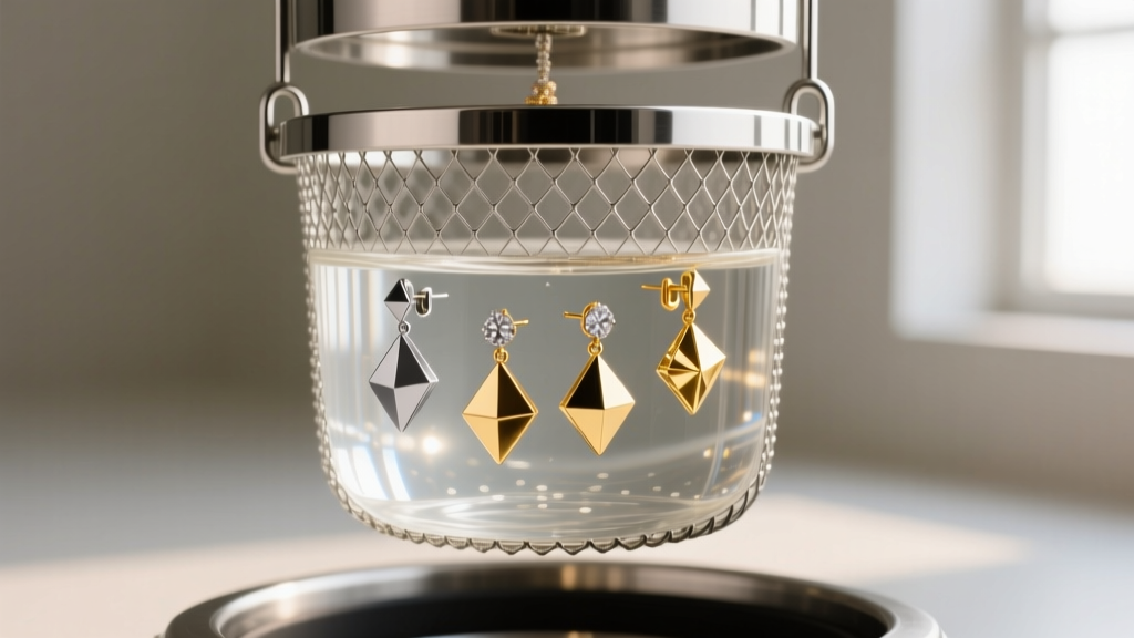 Stainless steel mesh basket inside an ultrasonic jewelry cleaner holding titanium and gold earring components submerged in liquid