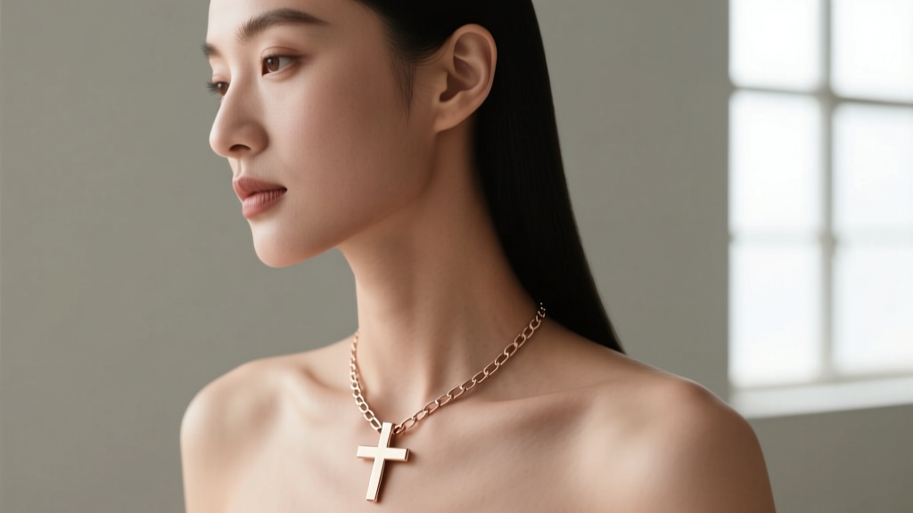 Side profile of a woman wearing a minimalist rose gold sideways cross necklace centered on a 1.2mm stainless steel box chain