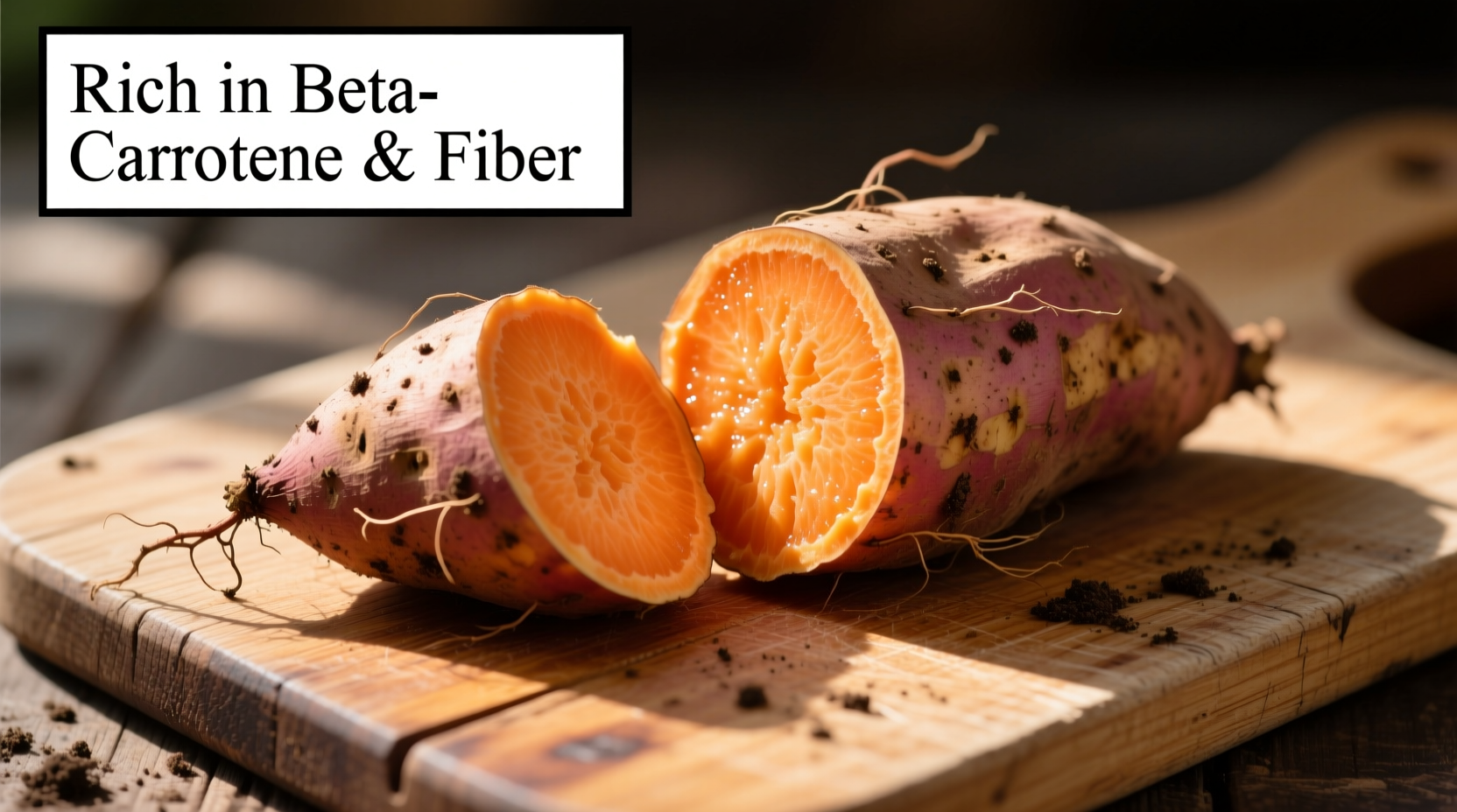 Nutrient-rich sweet potato on wooden cutting board