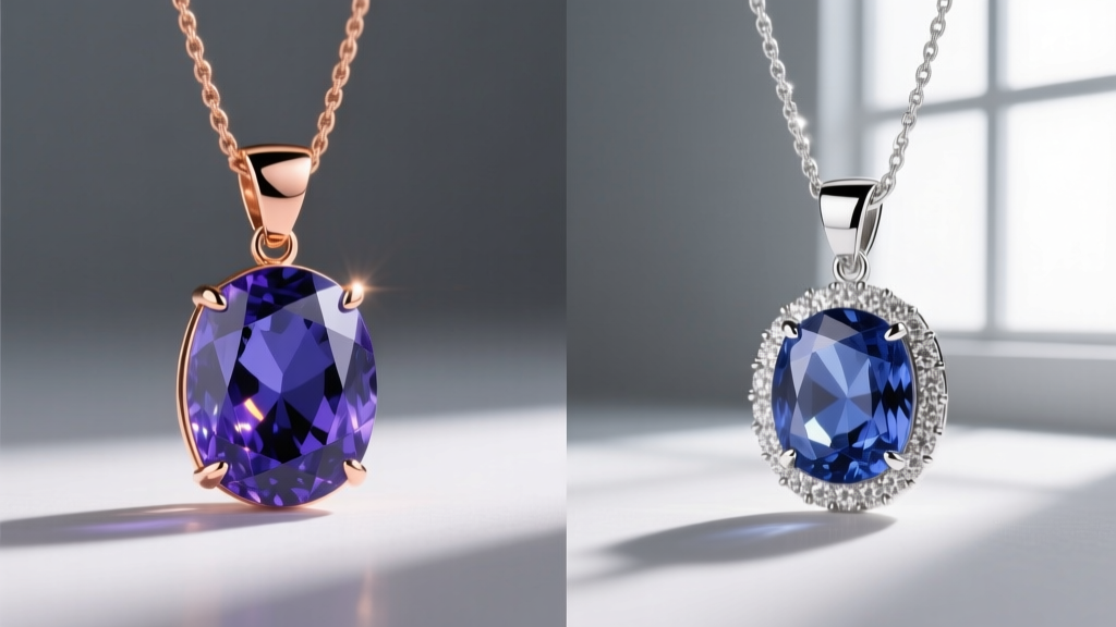 Split lighting comparison of a vibrant tanzanite pendant set in 14k rose gold on the left and rhodium-plated white gold on right