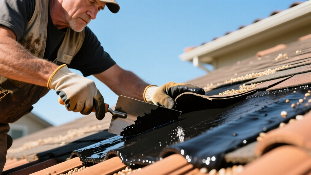 Close-up of a roofing contractor applying asphalt cement to seal a lifted architectural fiberglass shingle on a residential roof