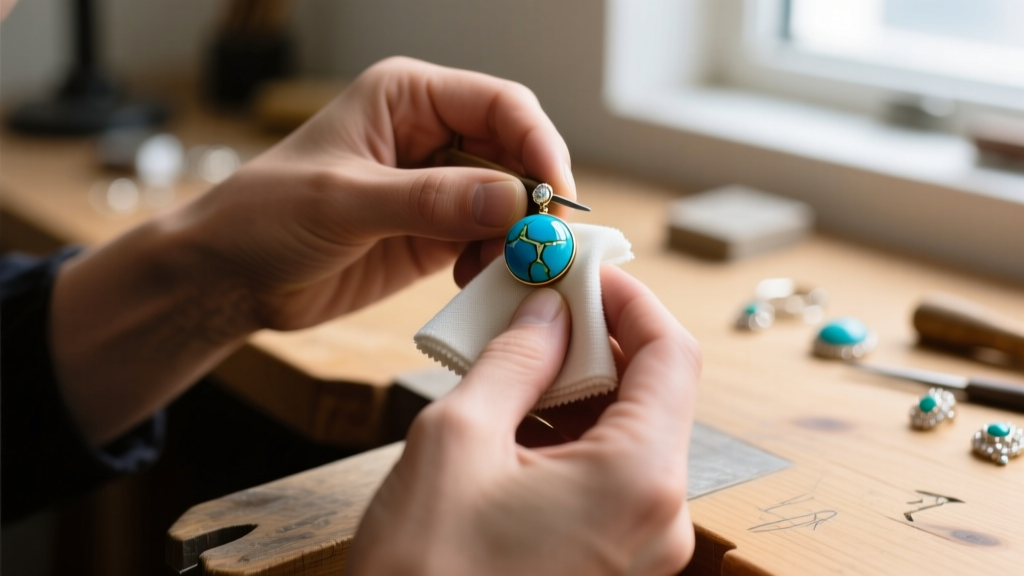 Jeweler gently polishing a 10mm turquoise ball earring with a dry microfiber cloth under soft natural light on a wooden workbench.