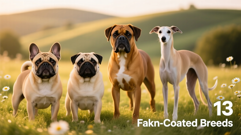 Group photo of fawn-coated dogs from different breeds—French Bulldog, Pug, Boxer, and Italian Greyhound—posing together on grass, showcasing coat variation and personality