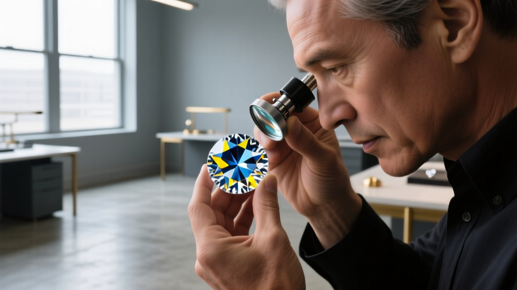 A master jeweler in a Princeton workshop using a loupe to inspect the pavilion facets of a VS1 clarity round brilliant diamond